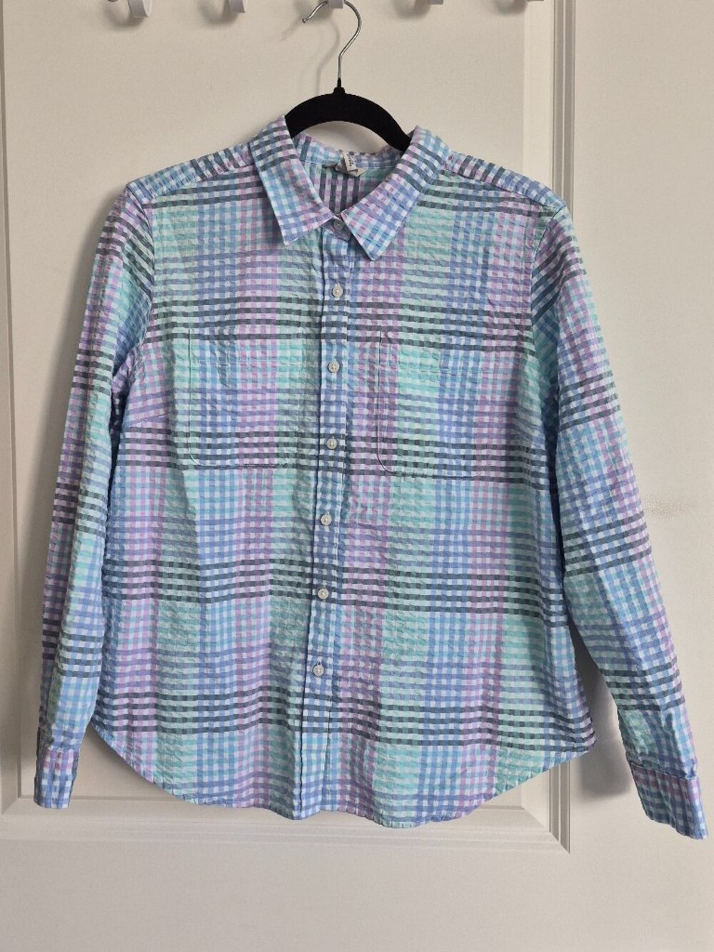 L.L. Bean Shirt Womens M Petite Multi Plaid Seersucker Classic Collared Button